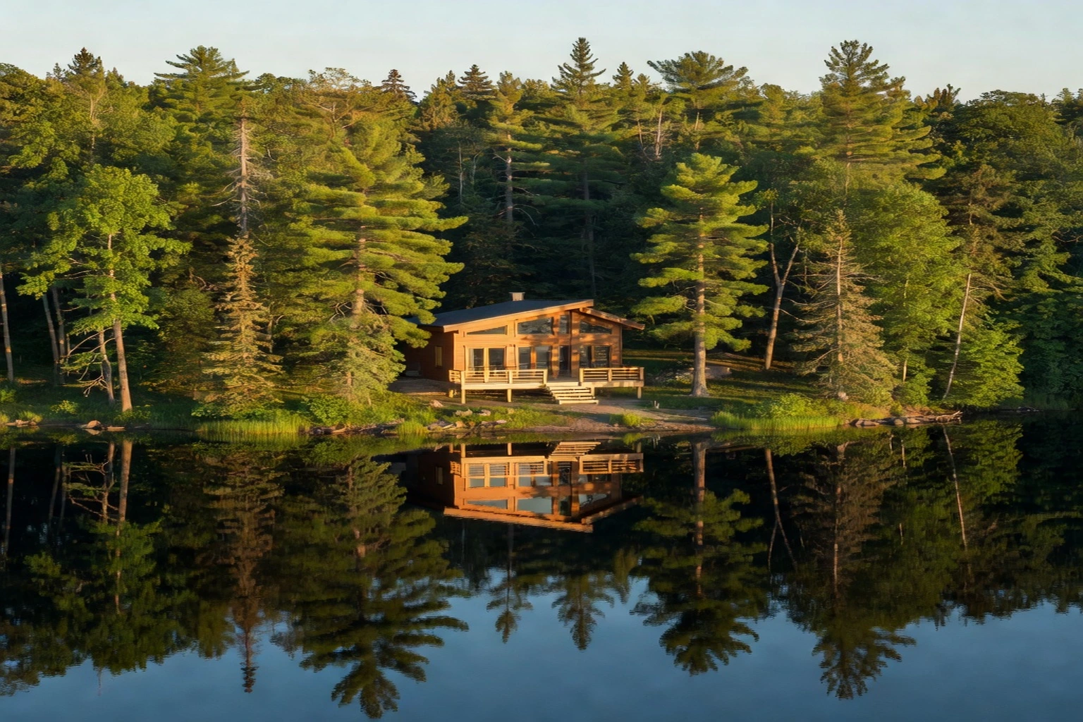 Aerial view of a wooden chalet on Domaine Lac Marsan in Rivière-Rouge, surrounded by Laurentian forest and a calm private lake