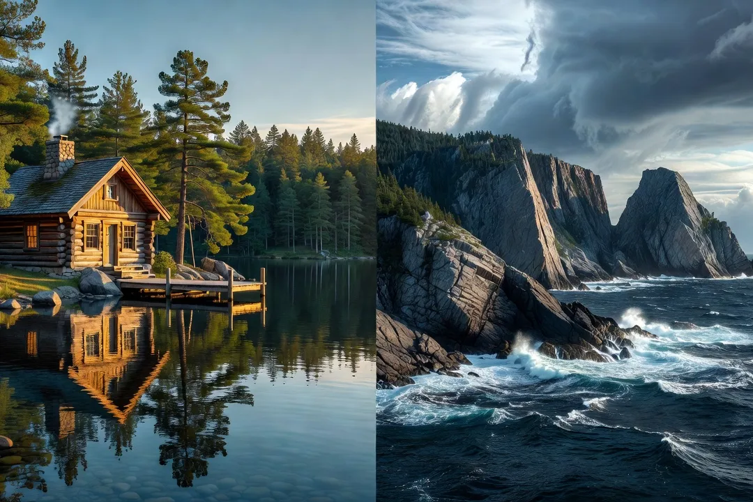 Split view of a Quebec lake chalet and the Charlevoix coastal cliffs