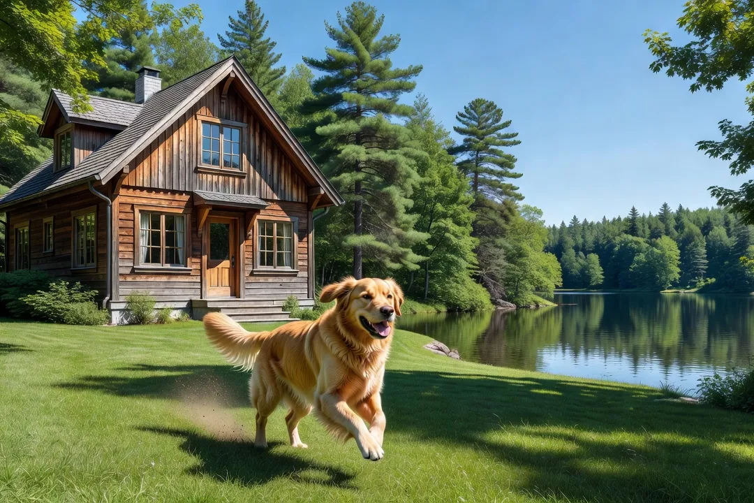 Happy dog running in front of a wooden Quebec cottage surrounded by forest and a lake