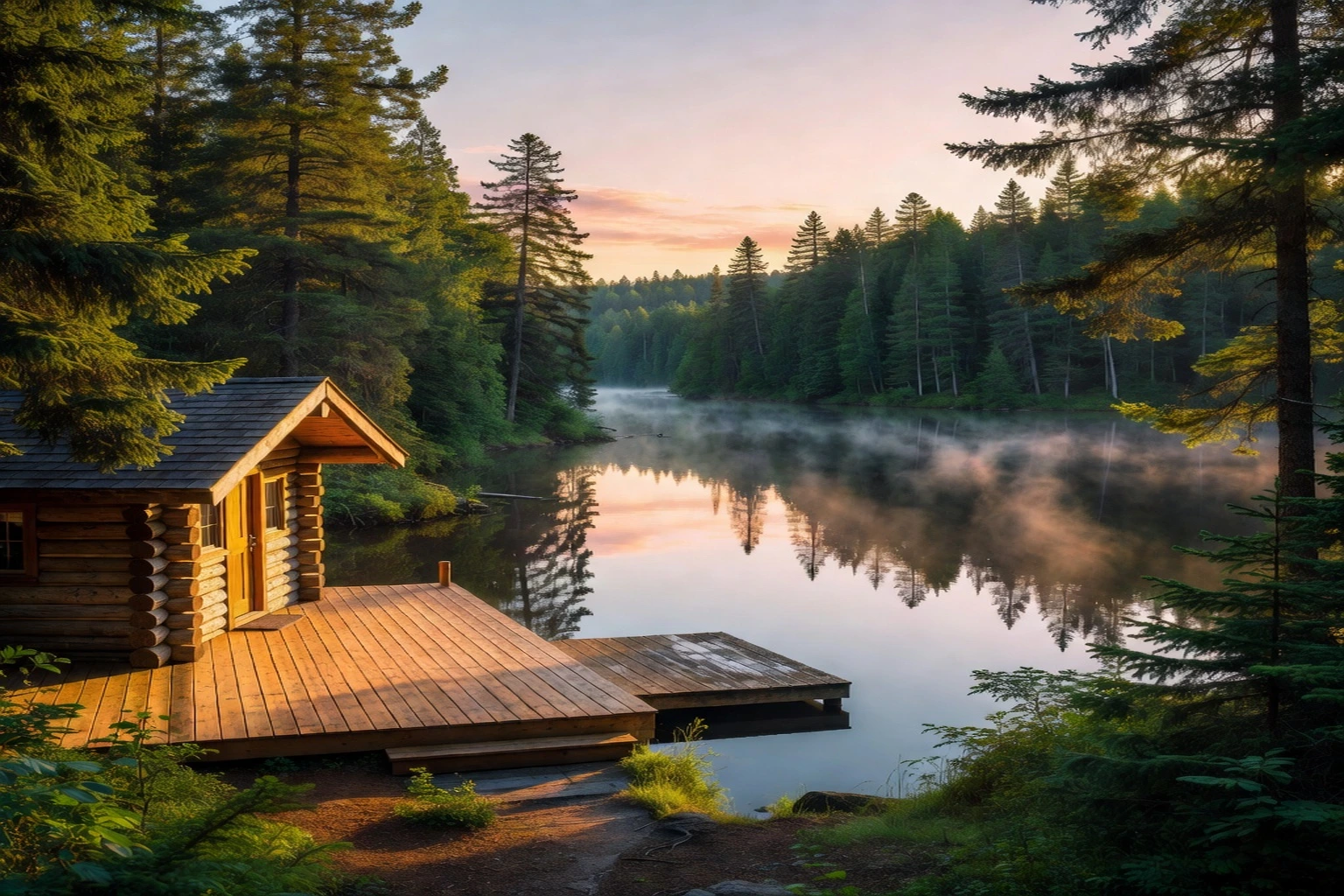 Private wooden fishing cottage on a calm Quebec lake surrounded by green forest at sunrise