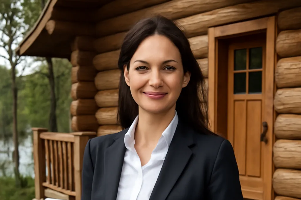Property manager holding a tablet in front of a wooden Quebec log cottage by a lake
