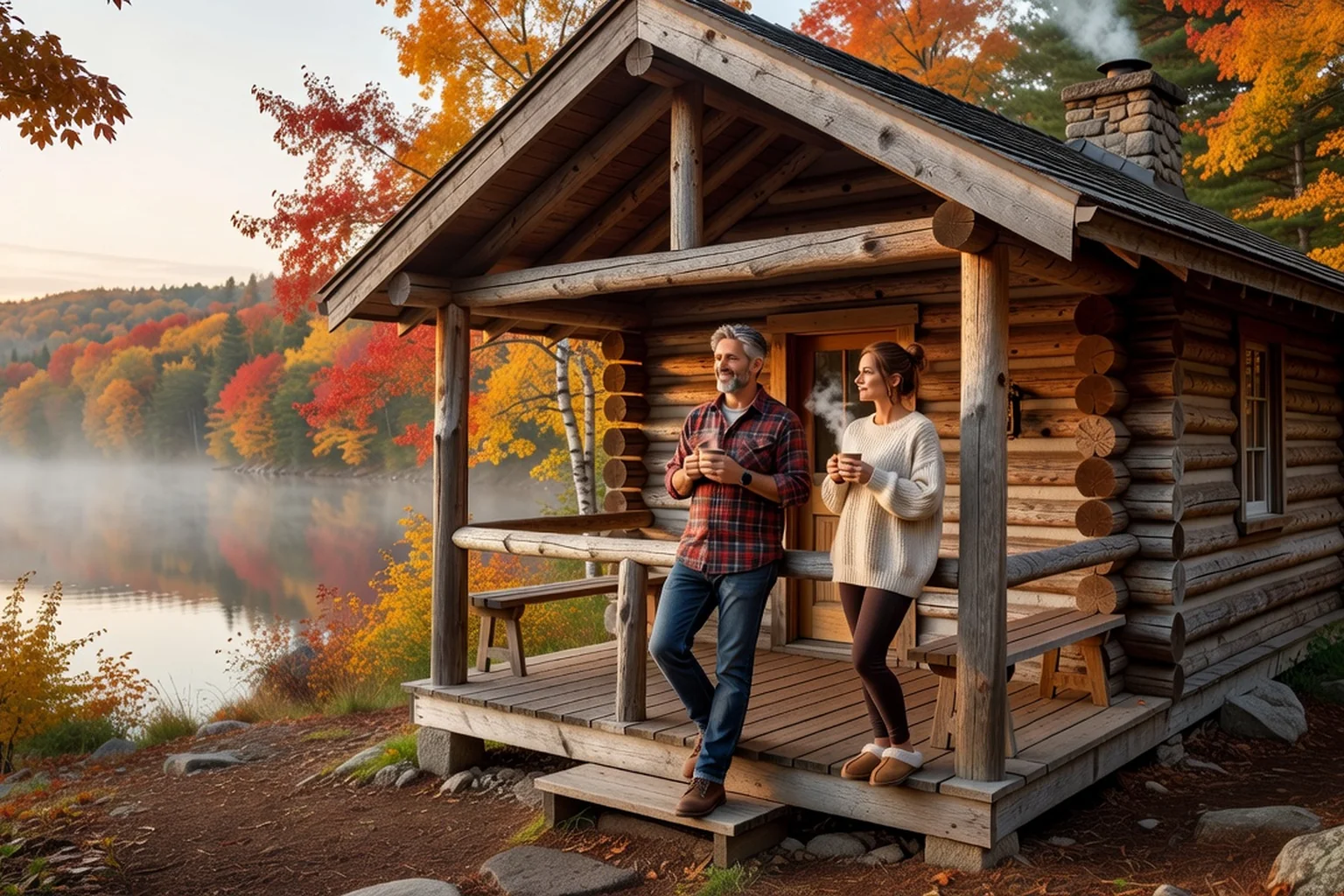 Wooden cottage in Quebec surrounded by fiery maple trees in fall colours by a lake