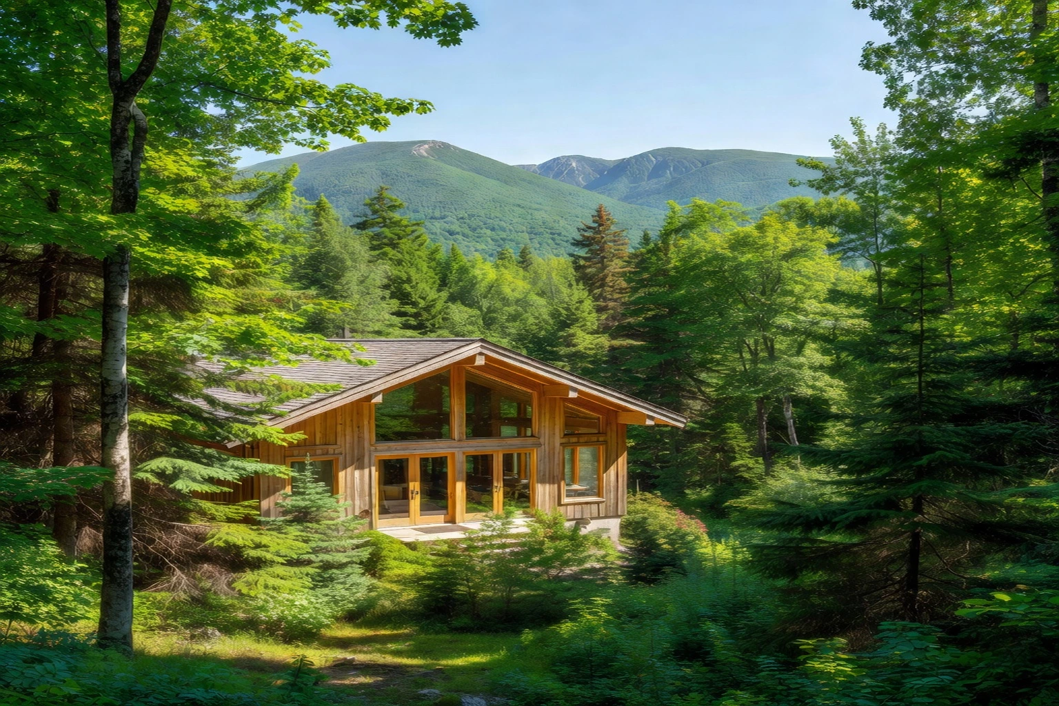 Wide summer view of a wooden chalet nestled in the green Sutton mountains, forest and blue sky