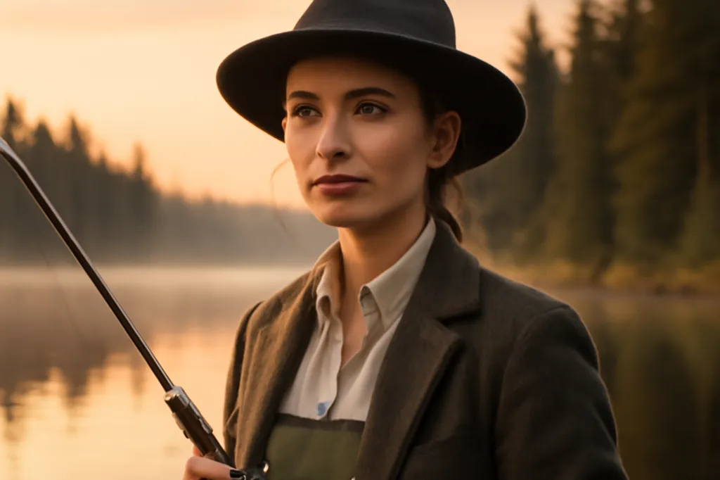 Wilderness fishing guide holding a fishing rod by a Quebec lake at sunrise