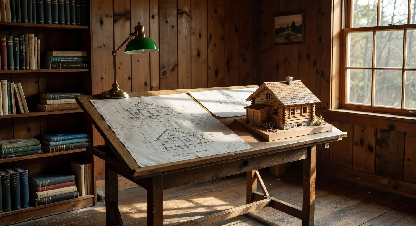 Atelier d'architecte avec plans dessinés à la main et maquette de chalet en bois