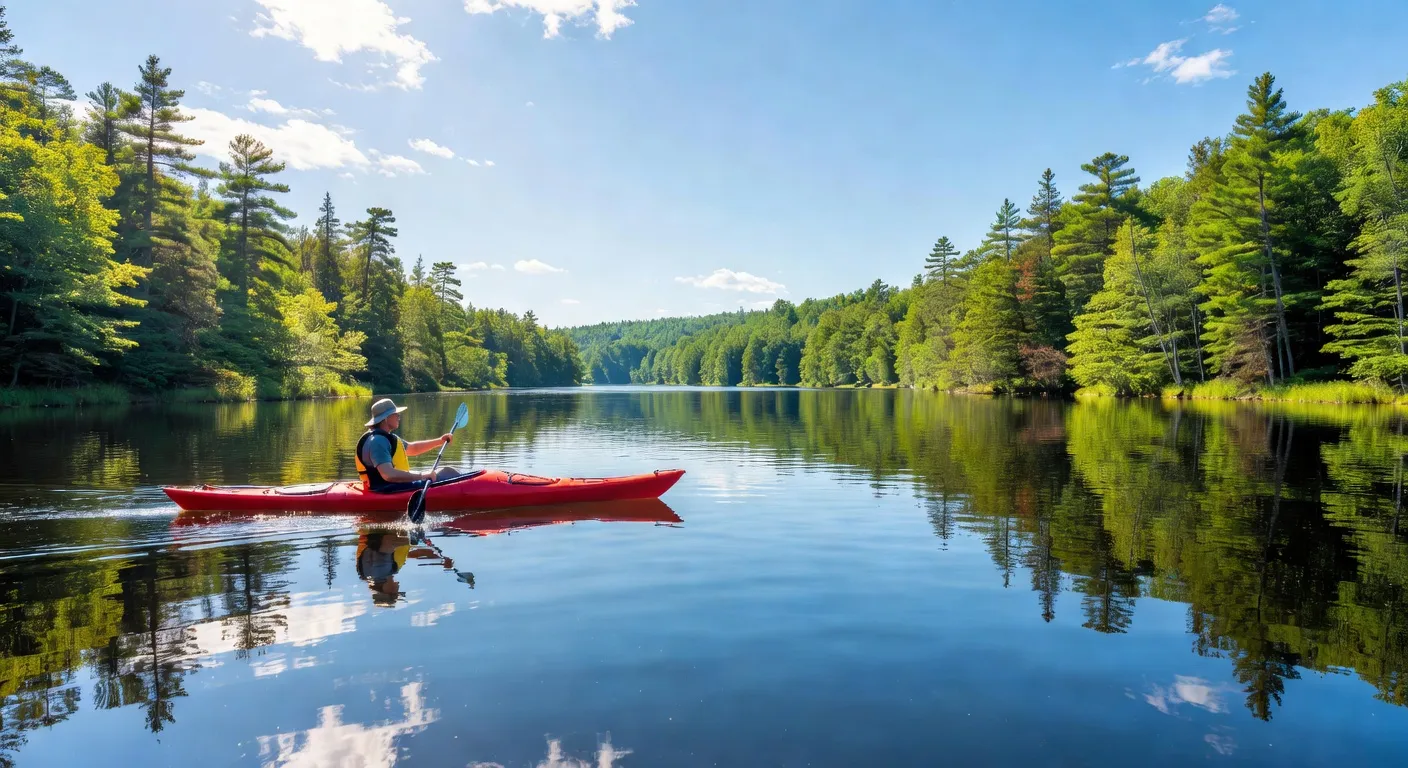 Personne en kayak sur un lac tranquille au Québec en été avec forêt verte, reflets dans l'eau et ciel ensoleillé