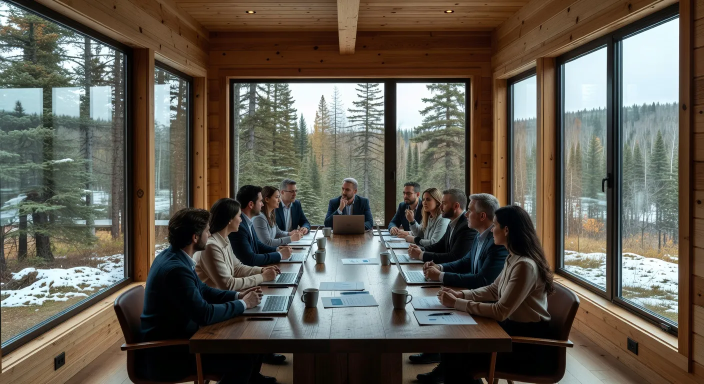 Grand groupe réuni autour d'une table en bois massif dans un chalet québécois, papiers et ordinateurs ouverts, ambiance de travail collaboratif en nature