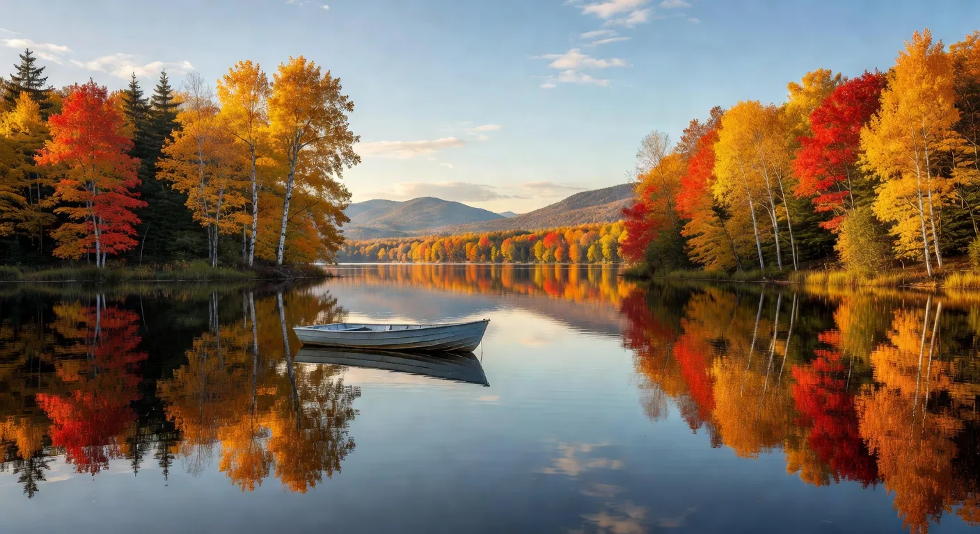 Chaloupe en aluminium sur un lac calme de la Mauricie en automne