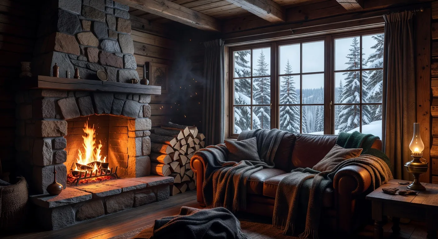 Foyer en pierre avec feu de bois et canapé en cuir dans un chalet québécois