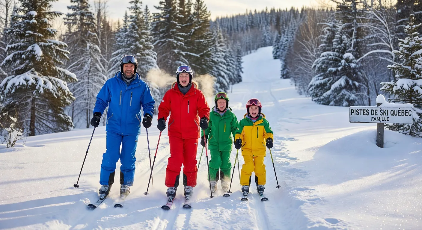 Famille heureuse sur les pistes de ski de l'Estrie au Québec, parents et enfants en combinaison colorée, neige fraîche, soleil hivernal