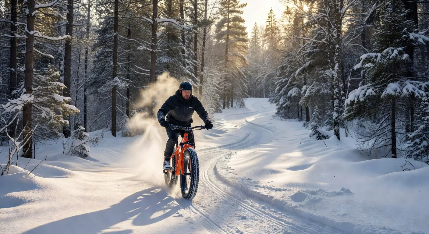 Cycliste sur fat bike orange traversant un sentier forestier enneigé dans les Laurentides au Québec, traces dans la neige, soleil filtrant entre les arbres