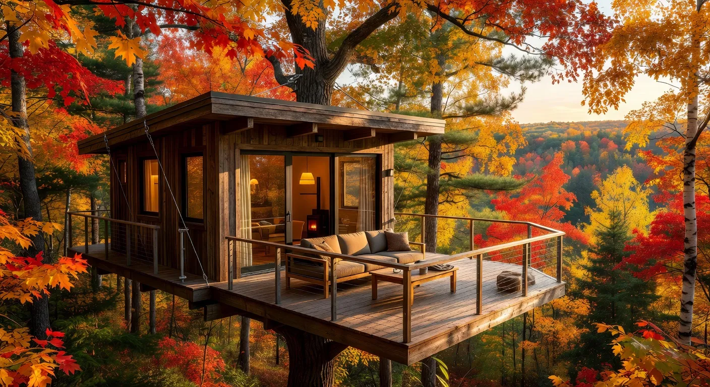 Cabane dans les arbres glamping au Québec avec plateforme suspendue, forêt automnale et terrasse vue panoramique