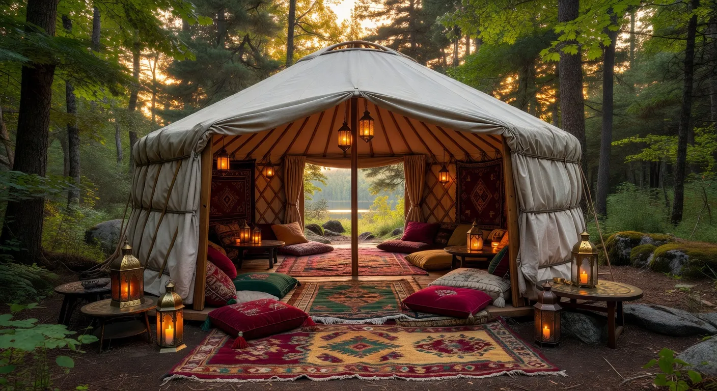 Yourte luxueuse dans les Laurentides avec décoration bohème chic, tapis et lanternes