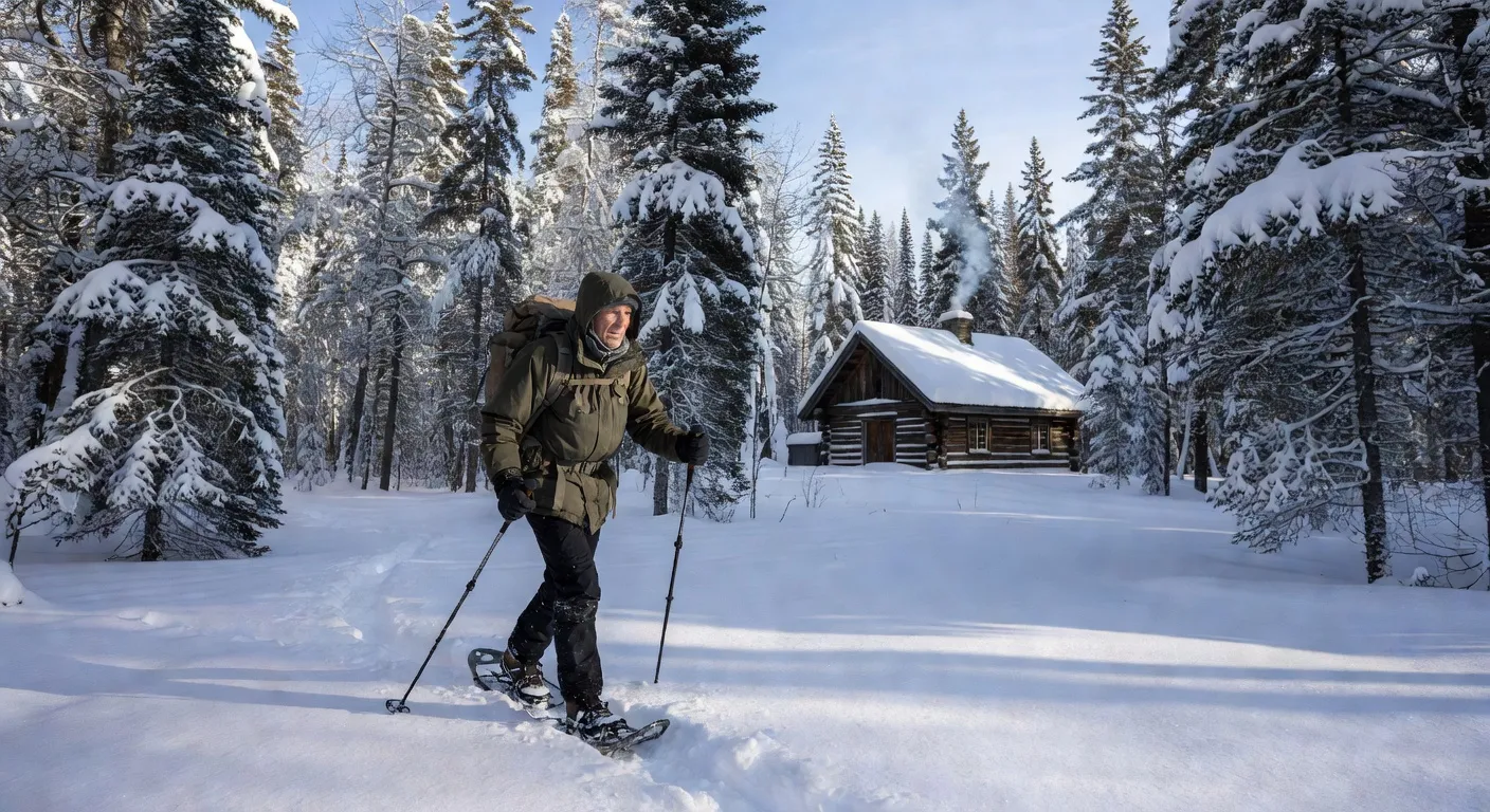Randonneur en raquettes dans la forêt enneigée de l'Outaouais au Québec, chalet visible en arrière-plan