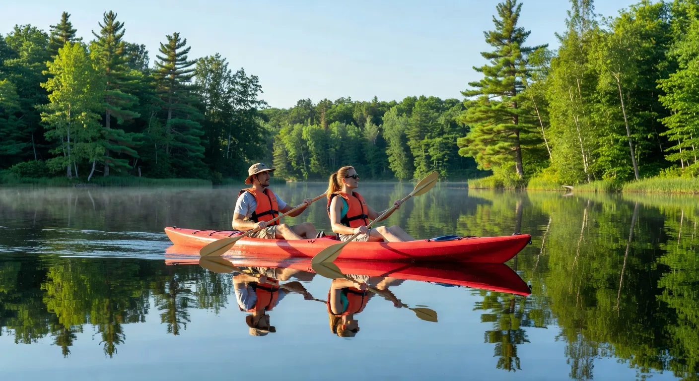Couple en kayak sur un lac calme de l'Outaouais au Québec en été, forêt verte dense, reflets dans l'eau