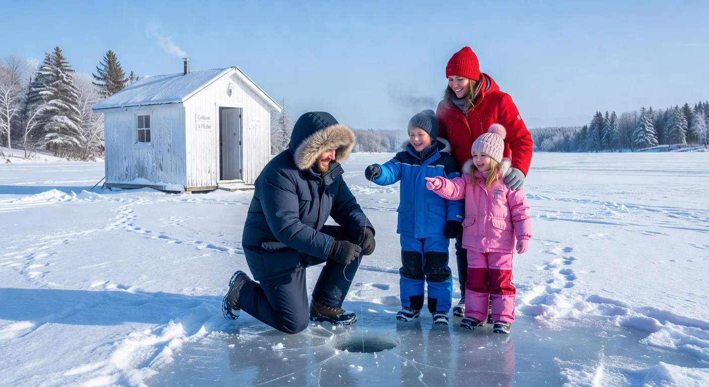 Famille québécoise en train de pêcher sur un lac gelé, cabane de pêche blanche en arrière-plan, enfants souriants, journée hivernale ensoleillée