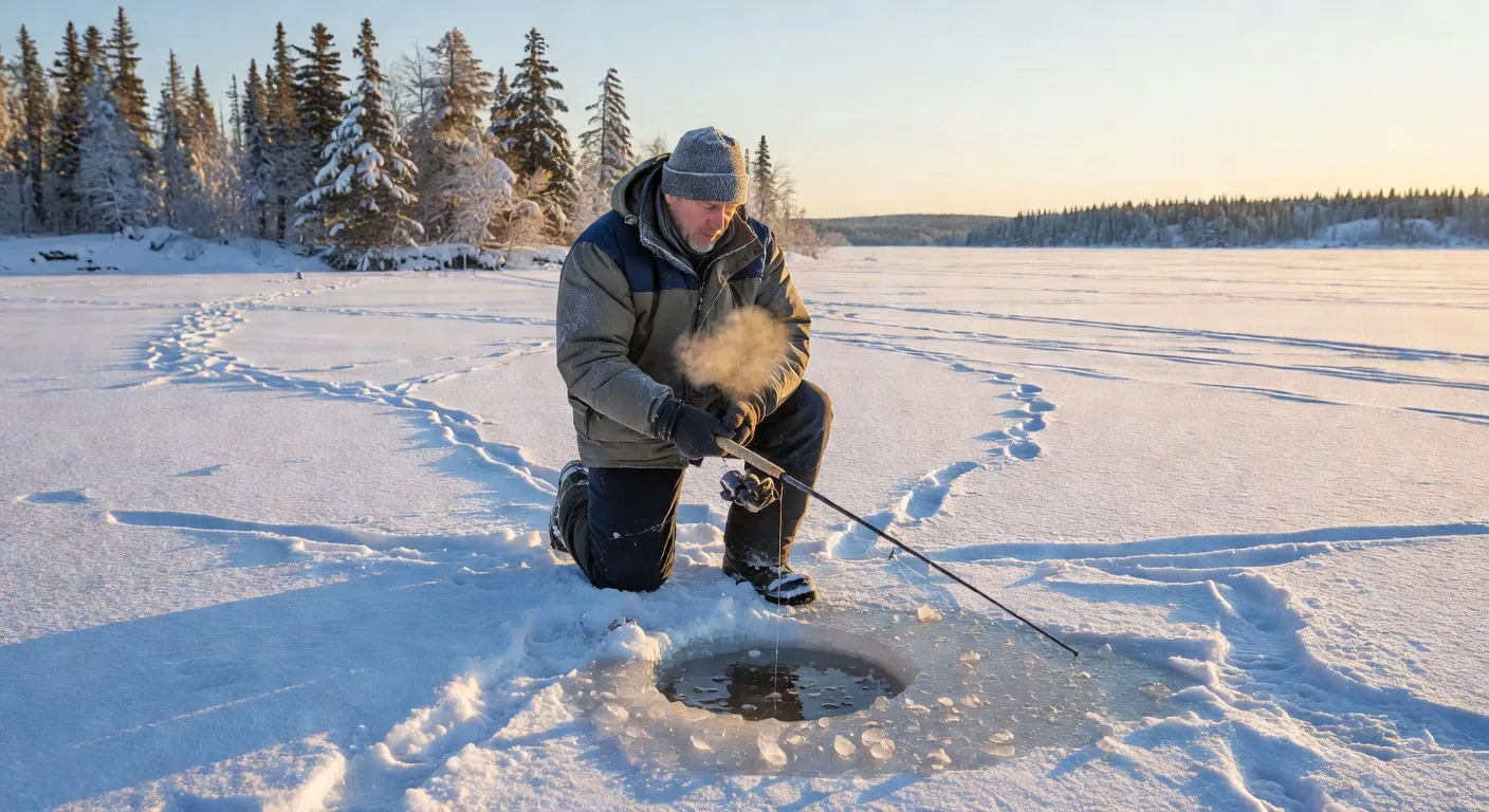 Pêche blanche sur glace au Québec avec trou de glace, canne courte et soleil hivernal