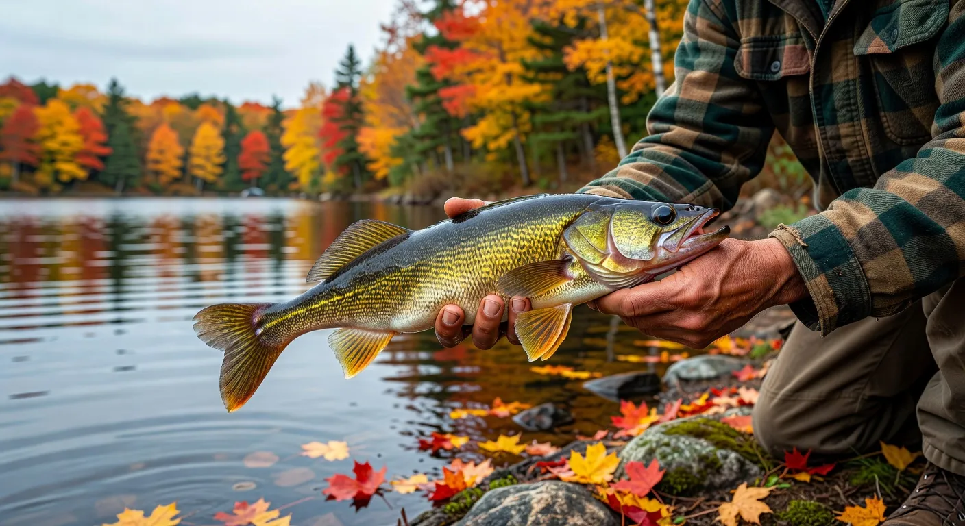 Doré jaune dans les mains d'un pêcheur sur un lac québécois en automne avec feuilles colorées