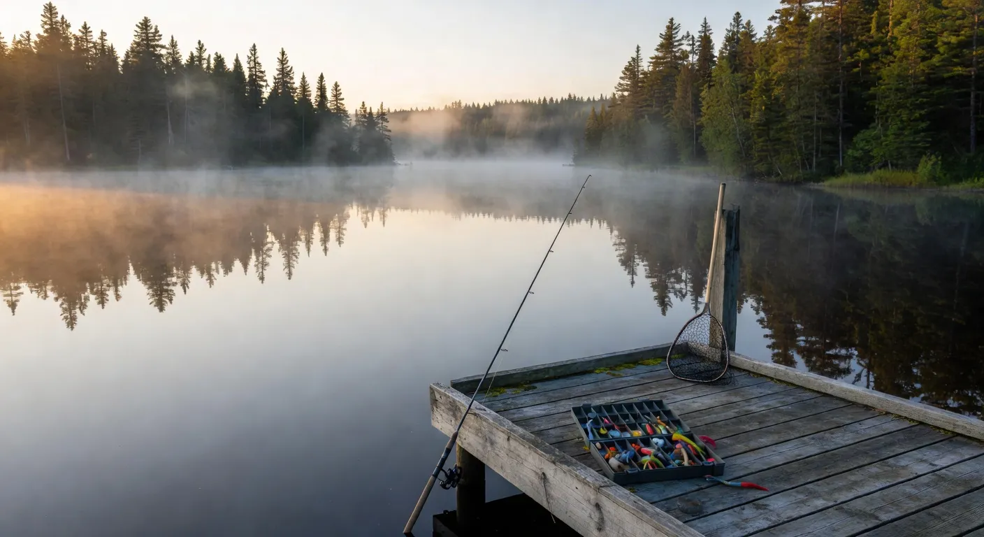 Quai de pêche en bois avec canne et matériel sur un lac québécois à l'aube